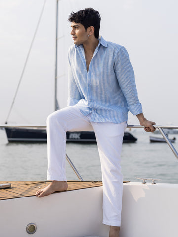 100% European Linen Striped Shirt Blue