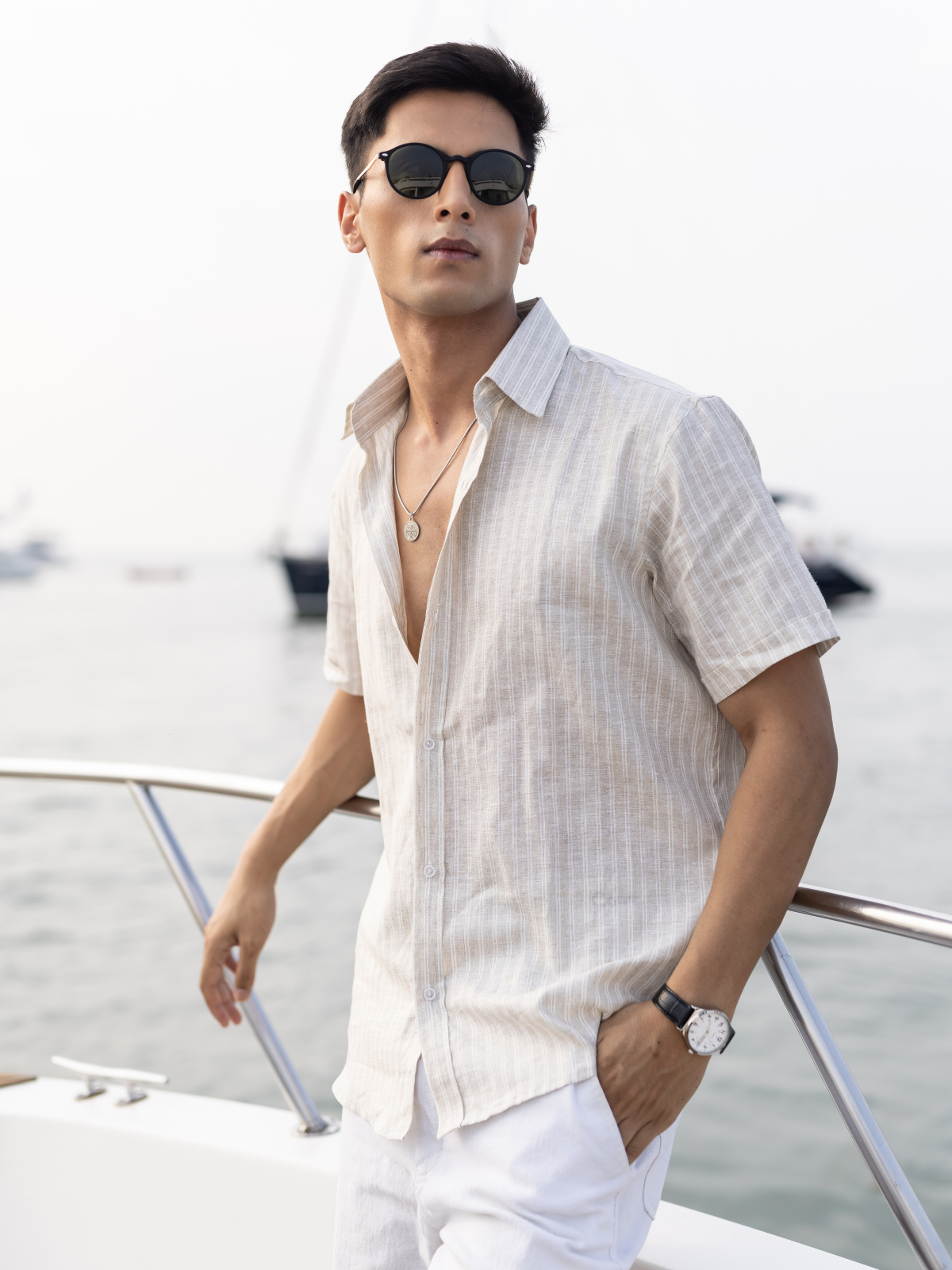 100% European Linen Striped Shirt Beige