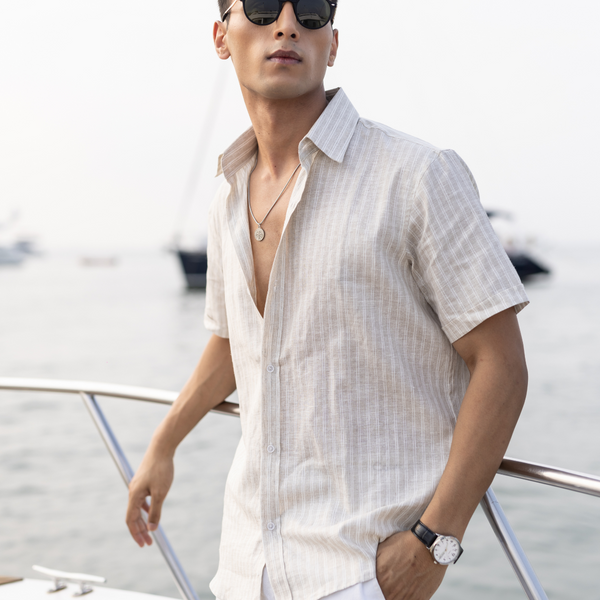 100% European Linen Striped Shirt Beige