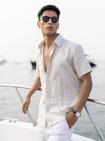 100% European Linen Striped Shirt Beige